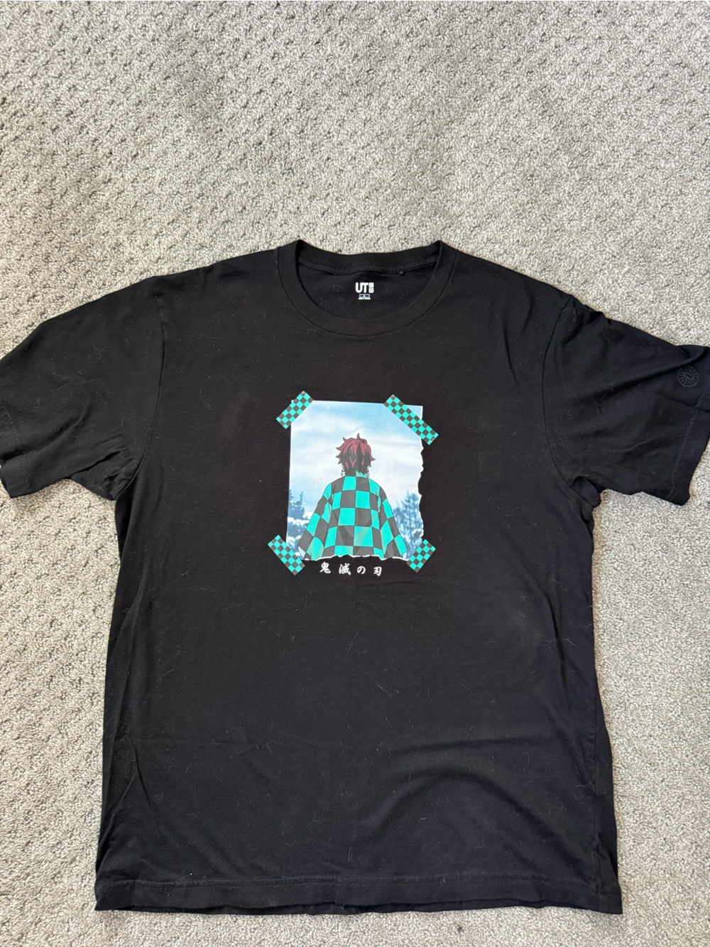 Uniqlo Anime Black Tee with Teal Checker Graphic